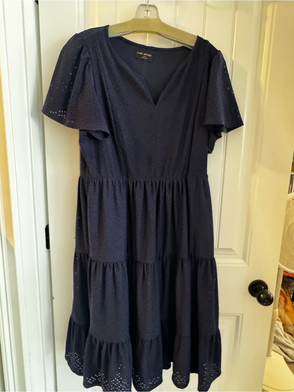 Lane Bryant Navy Eyelet Tiered Midi Dress 14/16 Flutter Sleeve V Neck